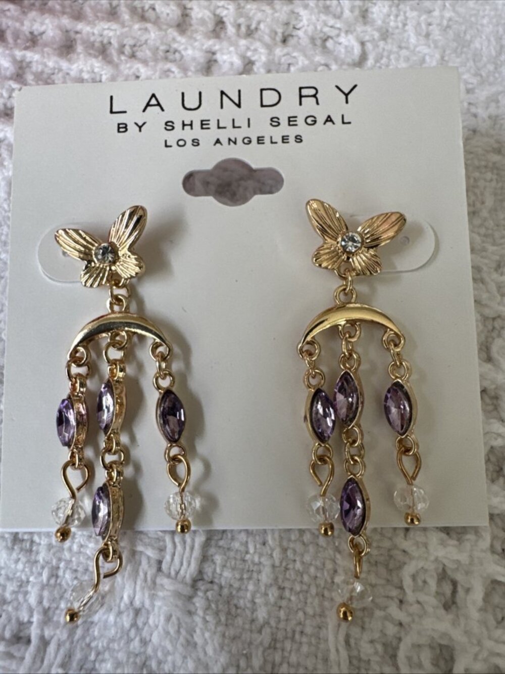 Laundry Shelli Segal Butterfly Bead Earrings Dangle Purple Gold Tone 1.2" NEW